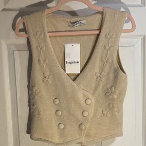 Fengnibuke Cream Embroidered Double-Breasted Knit Crop Vest NWT Small